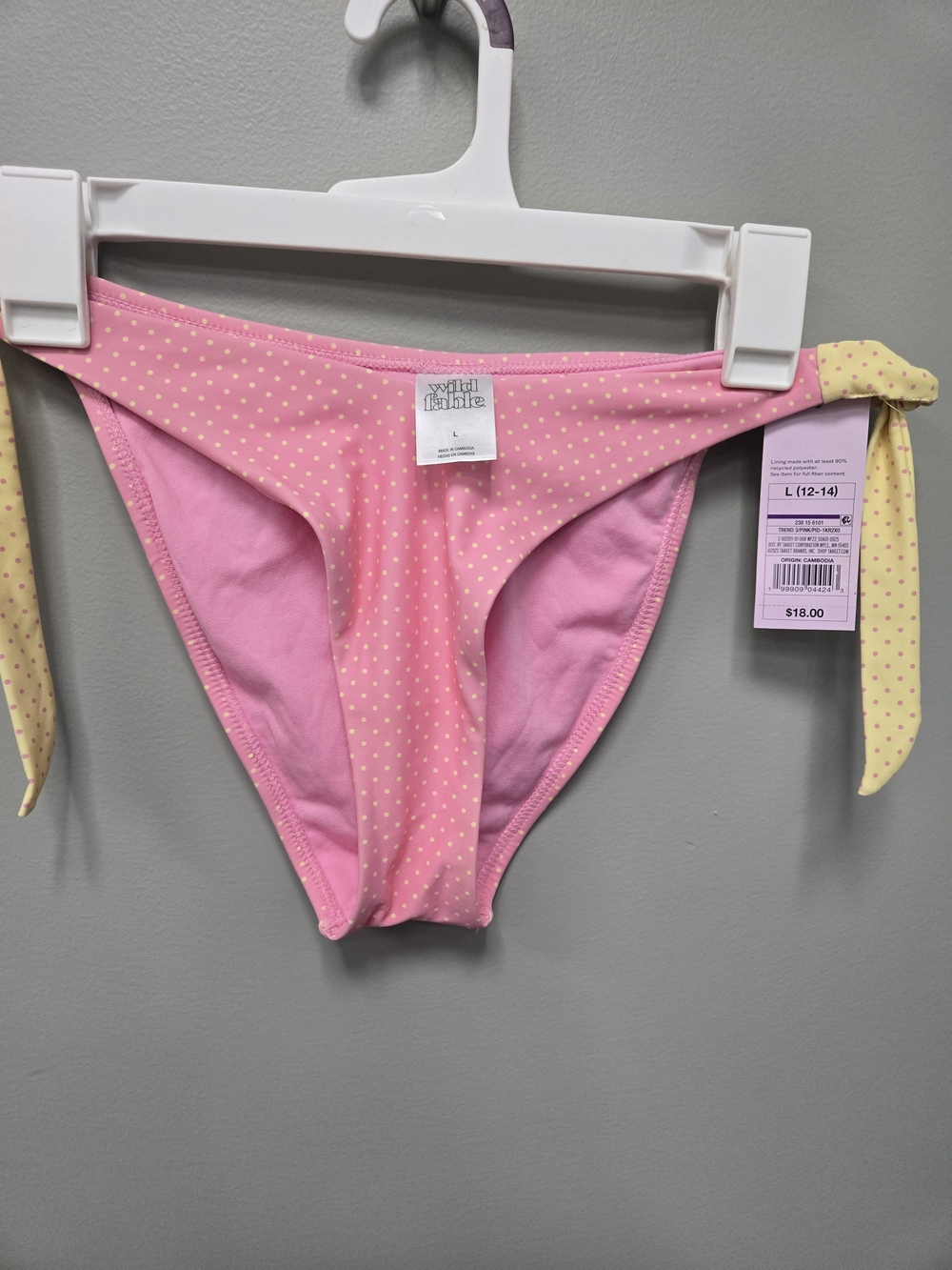 Wild Fable Pink Polka Dot Tie-Side Bikini Bottoms with Yellow Ties LARGE
